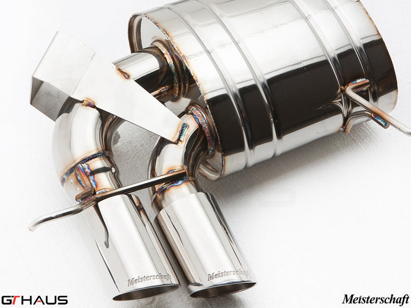 Premium Meisterschaft exhaust system for BMW E82/88 1 Series 135i, featuring polished stainless steel construction and dual tips.