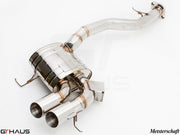 Premium stainless steel exhaust system for BMW E82/88 1 Series 135i, featuring dual tips and Meisterschaft branding.