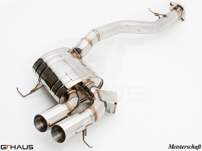 Premium stainless steel exhaust system for BMW E82/88 1 Series 135i, featuring dual tips and Meisterschaft branding.