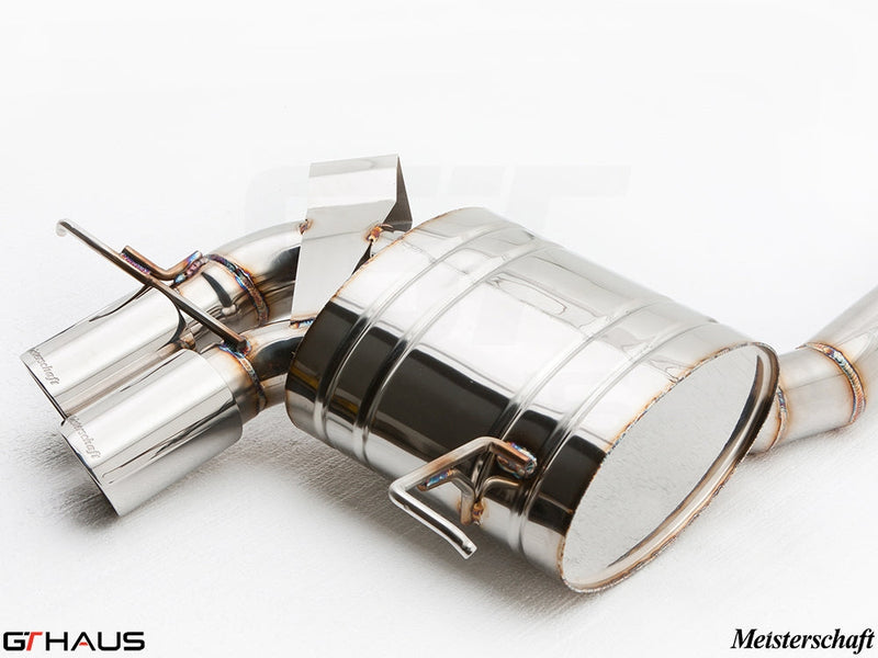 Premium stainless steel exhaust system for BMW E82/88 1 Series 135i, featuring dual tips and Meisterschaft branding.