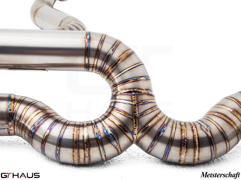 Premium performance exhaust system for BMW E82/88 1 Series 1M, showcasing precision welds and high-quality stainless steel.