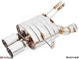 Premium stainless steel exhaust system for BMW E85/86 Z4M, featuring dual tips and Meisterschaft branding.