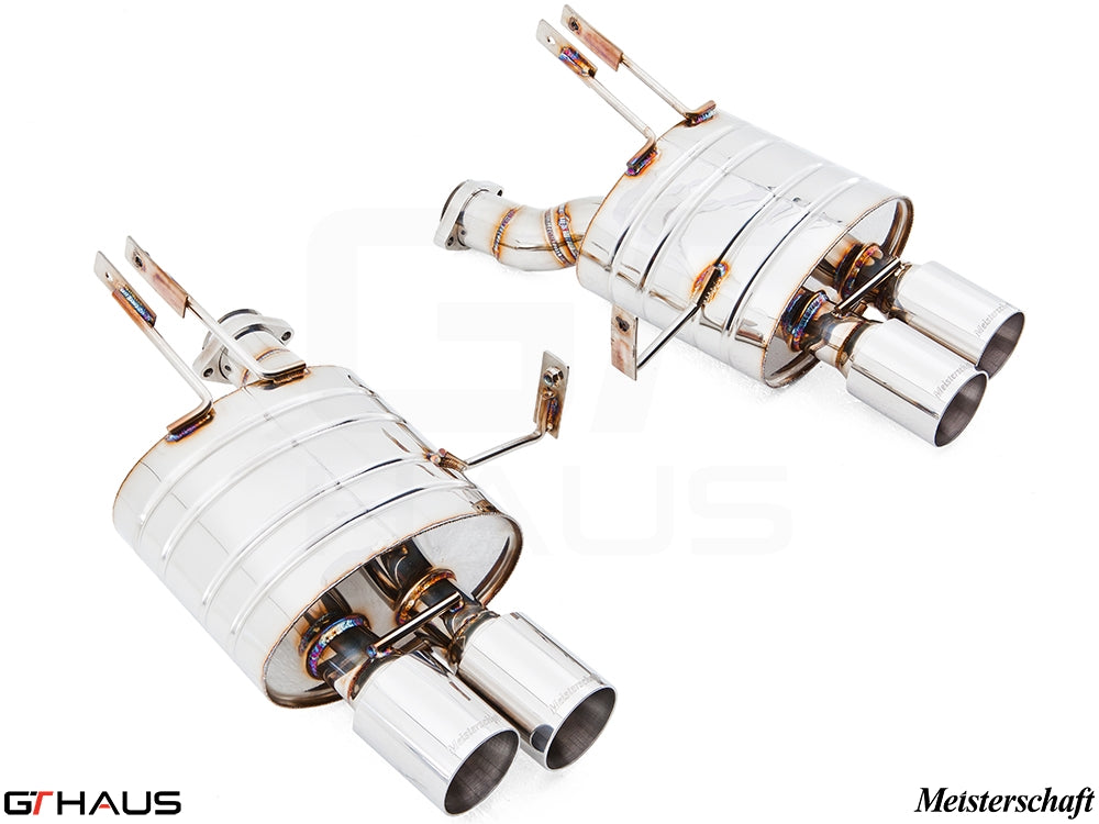 Premium Meisterschaft exhaust system for BMW E85/86 Z4M, featuring polished stainless steel and dual tips.