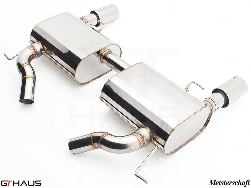 Meisterschaft exhaust system for BMW E90/91/92/93 335i models, featuring polished stainless steel construction and dual tips.