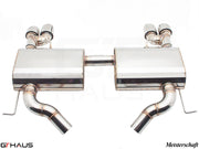 Premium performance exhaust system for BMW E90/91/92/93 335i/xi models, featuring stainless steel construction and Meisterschaft branding.