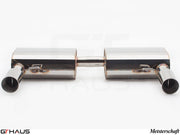Premium exhaust system for BMW E90/91/92/93 335i/xi models, featuring polished stainless steel and dual tips.