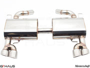 Premium exhaust system for BMW E90/91/92/93 335i/xi models, featuring polished stainless steel and dual tips.
