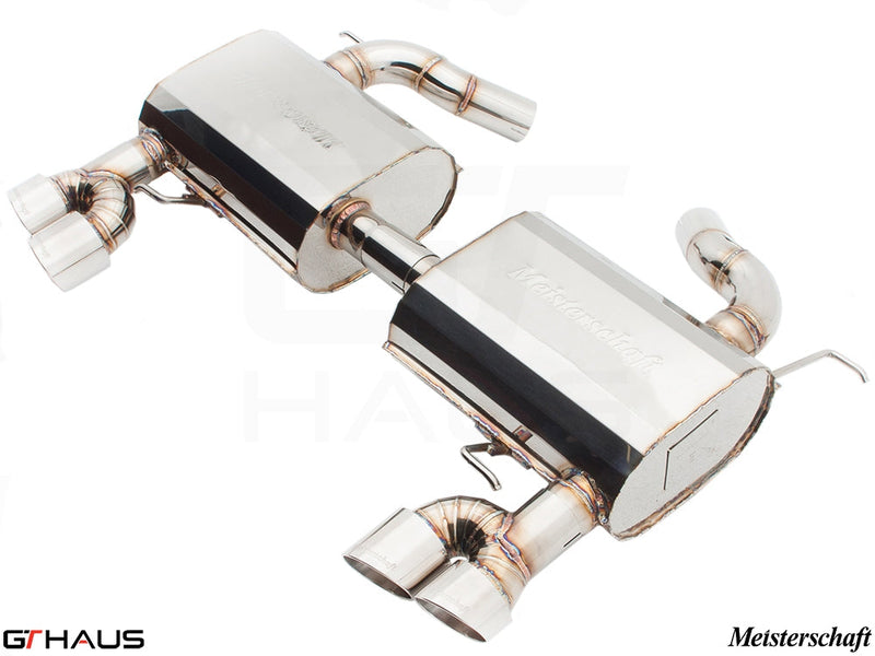 Premium Meisterschaft exhaust system for BMW E90/91/92/93 335i/xi models, featuring stainless steel construction and dual tips.