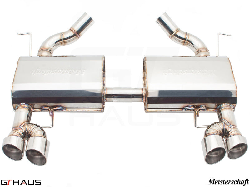 Premium Meisterschaft exhaust system for BMW E90/91/92/93 335i/xi models, featuring polished stainless steel and dual tips.