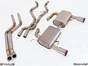 Premium exhaust system for BMW E90/91/92/93 335i/xi models, featuring stainless steel construction and dual tips.