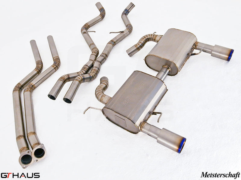 Premium performance exhaust system for BMW E90/91/92/93 335i/xi models, featuring stainless steel construction and dual tips.