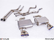 Premium Meisterschaft exhaust system for BMW E90/91/92/93 335i/xi models, featuring stainless steel construction and dual tips.