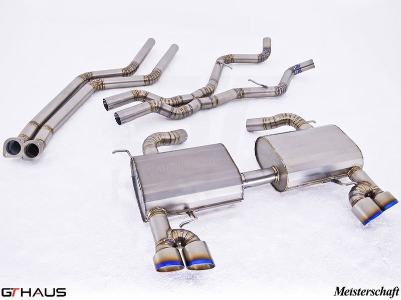 Premium Meisterschaft exhaust system for BMW E90/91/92/93 335i/xi models, featuring stainless steel construction and dual tips.
