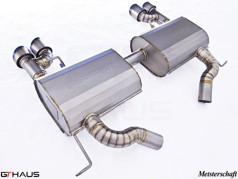 Premium Meisterschaft exhaust system for BMW E90/91/92/93 335i/xi models, featuring stainless steel construction and dual tips.