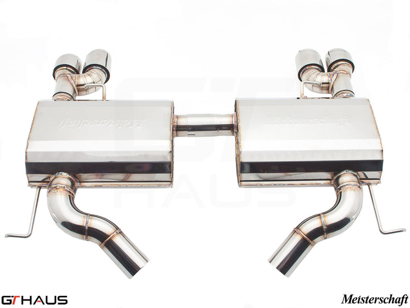 Premium Meisterschaft exhaust system for BMW E90/91/92/93 335i/xi models, featuring polished stainless steel construction.