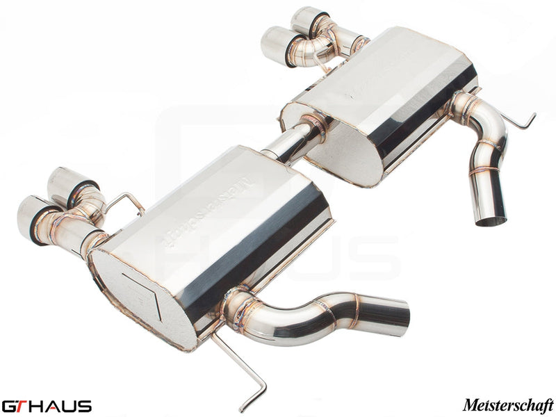 Premium performance exhaust system for BMW E90/91/92/93 335i/xi models, featuring stainless steel construction and dual tips.