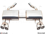 Premium exhaust system for BMW E90/91/92/93 335i/xi models, featuring polished stainless steel and dual tips.