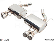 Premium exhaust system for BMW E90/91/92/93 335i models, featuring stainless steel construction and dual tips.