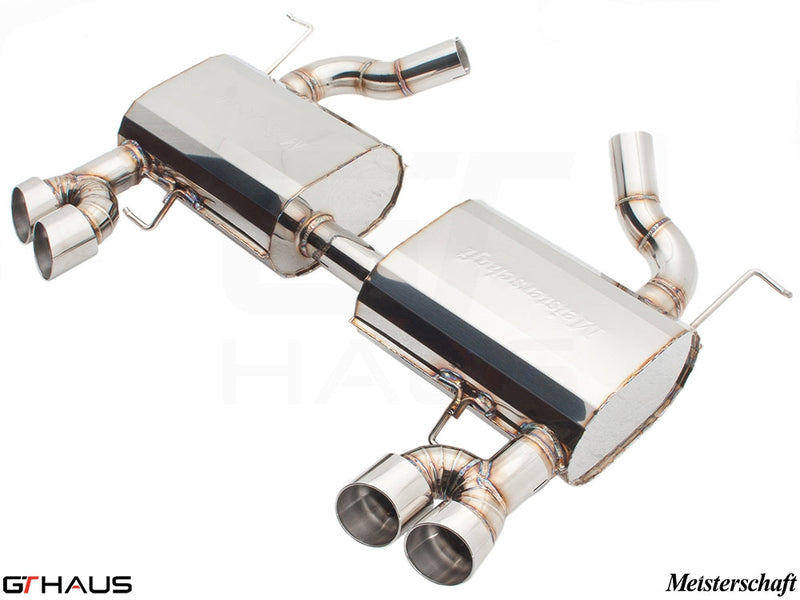 Premium exhaust system for BMW E90/91/92/93 335i models, featuring stainless steel construction and dual tips.