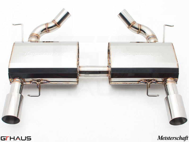 Premium Meisterschaft exhaust system for BMW E90/91/92/93 335i/xi models, featuring dual polished tips and stainless steel construction.