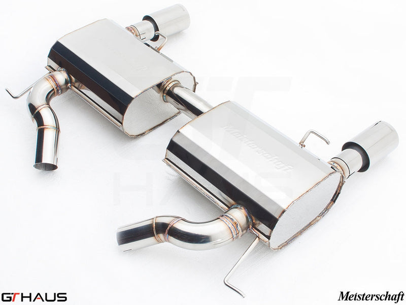 Premium Meisterschaft exhaust system for BMW E90/91/92/93 335i/xi models, featuring polished stainless steel construction.