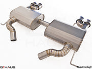 Premium performance exhaust system for BMW E90/91/92/93 335i/xi models, featuring stainless steel construction and dual tips.