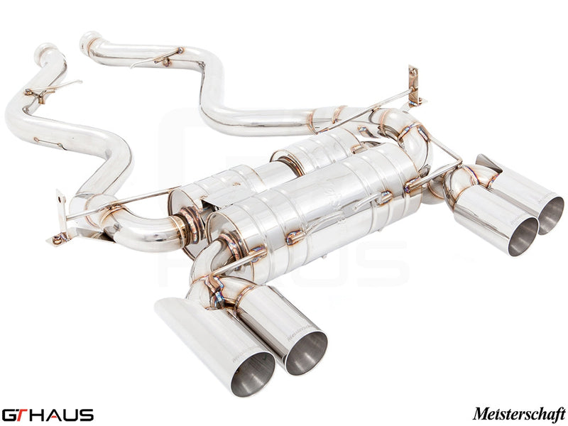 Premium performance exhaust system for BMW E90/92/93 M3 4.0L V8, featuring stainless steel construction and dual tips.
