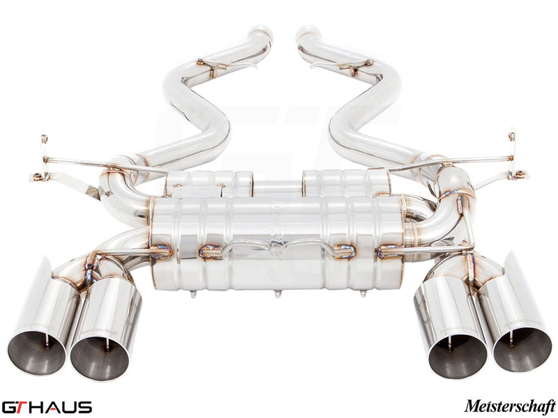 Premium exhaust system for BMW E90/92/93 M3 4.0L V8, featuring stainless steel construction and dual tips.