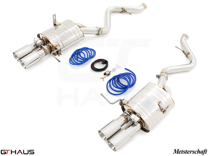 Premium performance exhaust system for BMW E90/92/93 M3 4.0L V8, featuring stainless steel construction and dual tips.