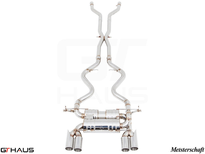 Premium performance exhaust system for BMW E90/92/93 M3 4.0L V8, featuring stainless steel construction and dual tips.