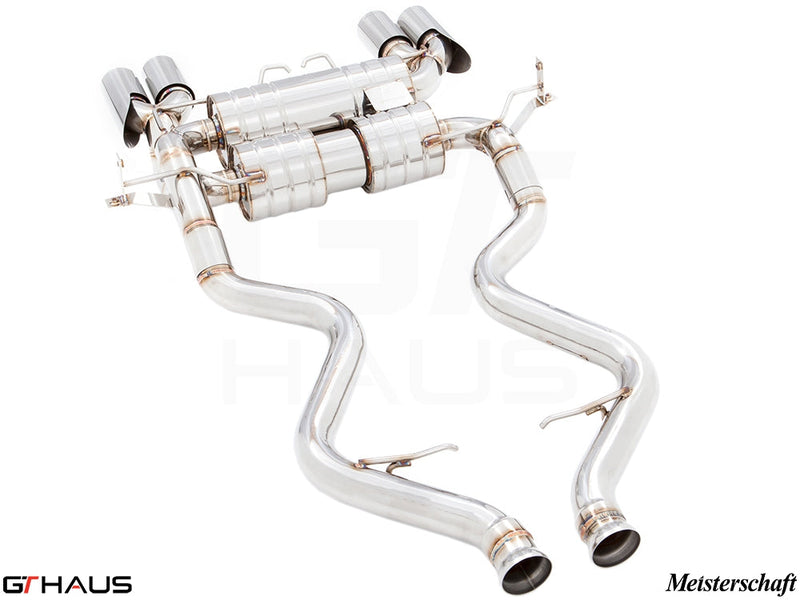 Premium Meisterschaft exhaust system for BMW E90/92/93 M3 4.0L V8, featuring stainless steel construction and dual tips.