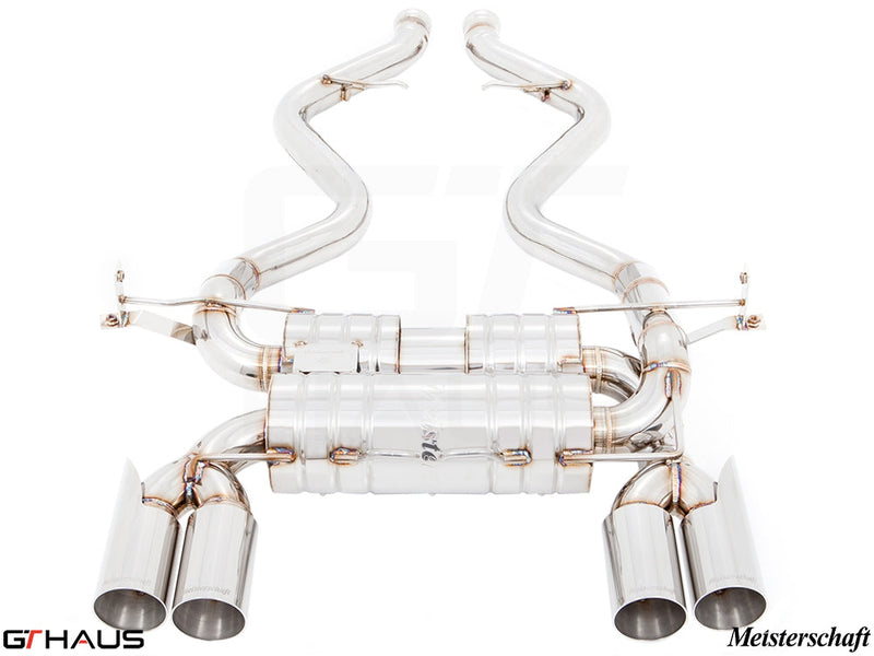 Premium performance exhaust system for BMW E90/92/93 M3 4.0L V8, featuring stainless steel construction and dual tips.