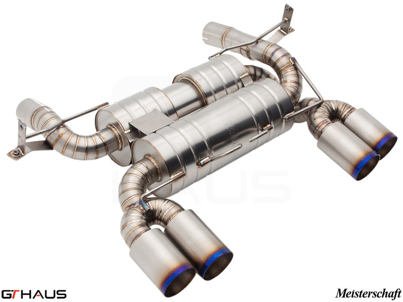 Premium exhaust system for BMW E90/92/93 M3 4.0L V8, featuring stainless steel construction and quad tips.