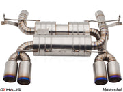 Premium performance exhaust system for BMW E90/92/93 M3 4.0L V8, featuring stainless steel construction and quad tips.