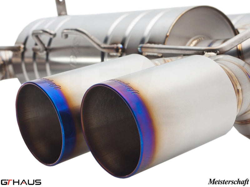 Premium Meisterschaft exhaust tips for BMW E90/92/93 M3, showcasing high-quality stainless steel craftsmanship.