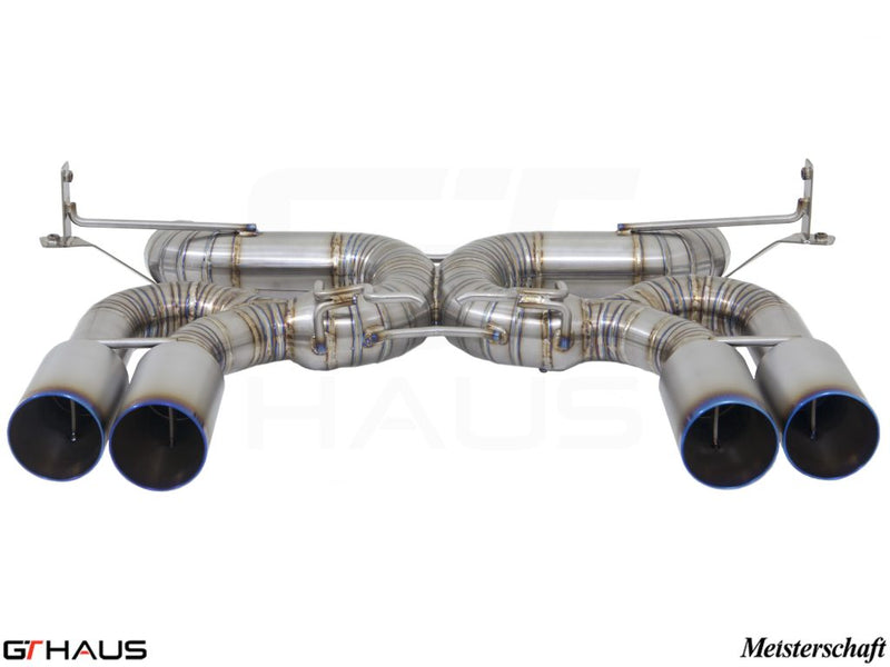 Premium exhaust system for BMW E90/92/93 M3 4.0L V8, featuring stainless steel construction and quad tips.