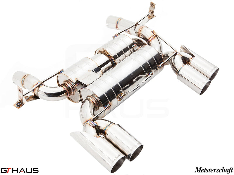 Premium Meisterschaft exhaust system for BMW E90/92/93 M3 4.0L V8, featuring polished stainless steel and quad tips.
