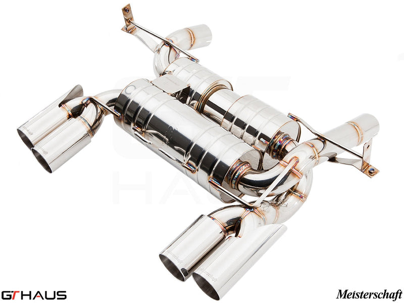 Premium exhaust system for BMW E90/92/93 M3 4.0L V8, featuring polished stainless steel and dual tips for enhanced performance.