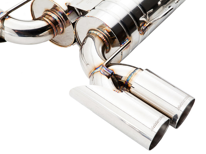 Premium performance exhaust system for BMW E90/92/93 M3 featuring polished stainless steel and dual tips.