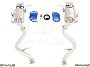 Premium exhaust system for BMW E90/92/93 M3 4.0L V8, featuring dual tips and installation components.