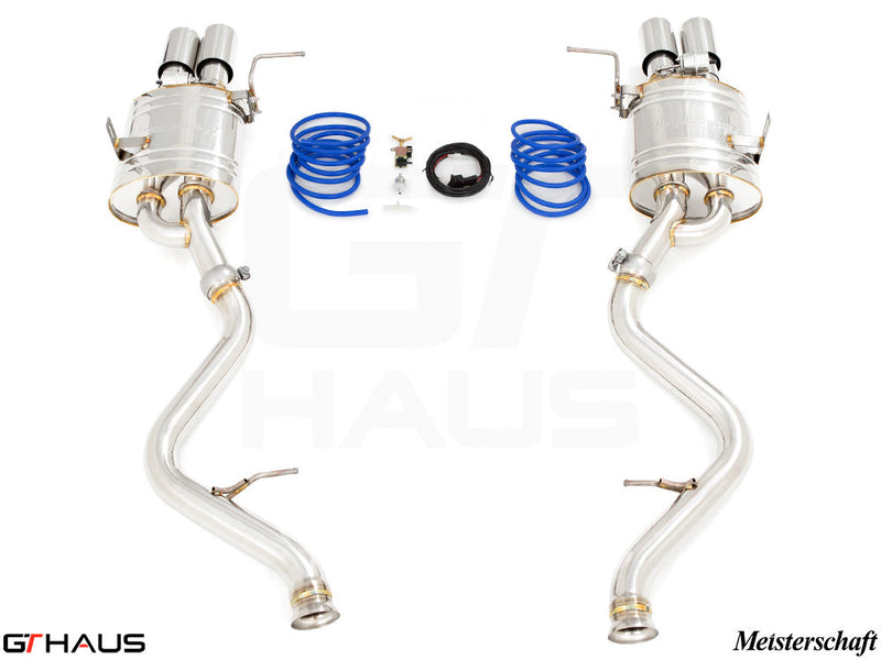 Premium exhaust system for BMW E90/92/93 M3 4.0L V8, featuring dual tips and installation components.