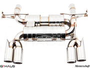 Premium Meisterschaft exhaust system for BMW E90/92/93 M3 4.0L V8, featuring polished stainless steel and quad tips.