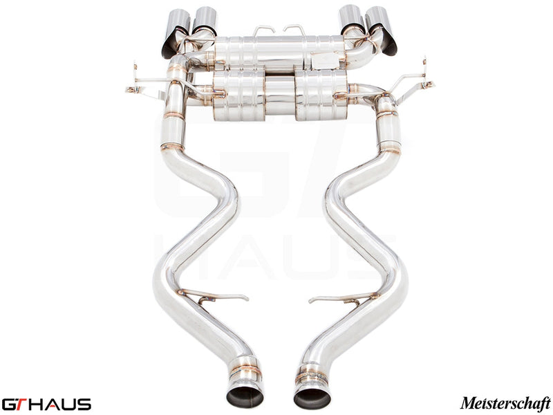 Premium performance exhaust system for BMW E90/92/93 M3 4.0L V8, featuring stainless steel construction and dual tips.