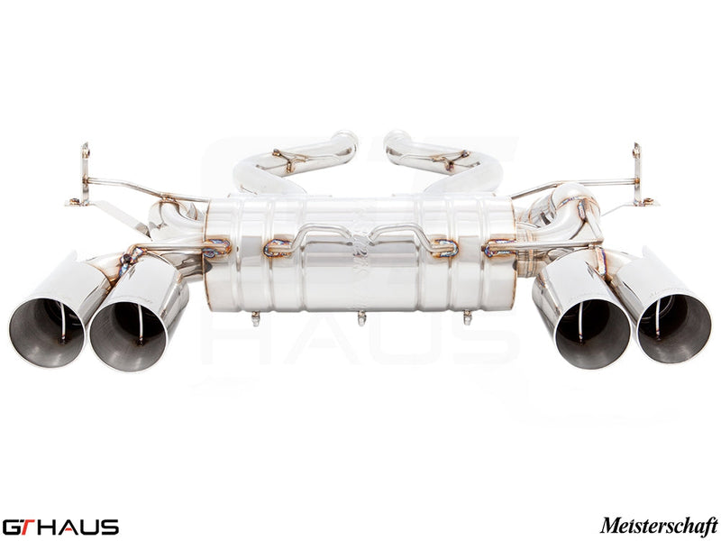 Premium performance exhaust system for BMW E90/92/93 M3 4.0L V8, featuring polished stainless steel and quad tips.