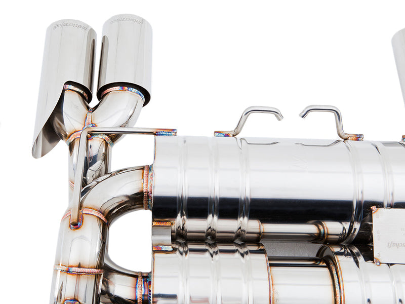 Premium performance exhaust system for BMW E90/92/93 M3, featuring polished stainless steel construction and dual tips.