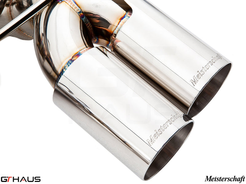 Premium Meisterschaft exhaust tips for BMW E90/92/93 M3 4.0L V8, showcasing high-quality stainless steel craftsmanship.
