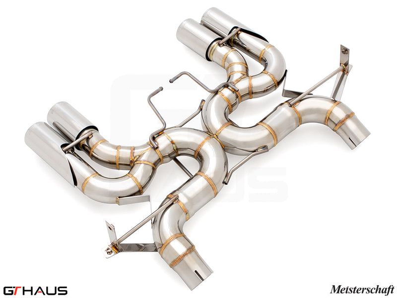 Premium stainless steel exhaust system for BMW E90/92/93 M3 4.0L V8, featuring Meisterschaft design and performance.