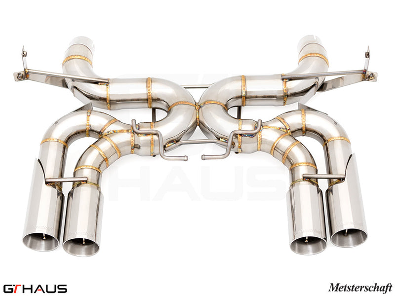 Premium performance exhaust system for BMW E90/92/93 M3 4.0L V8, featuring stainless steel construction and precision design.