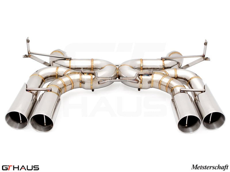 Premium stainless steel exhaust system for BMW E90/92/93 M3 4.0L V8, featuring quad tips and precision welding.