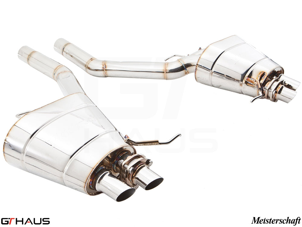 Premium exhaust system for BMW F01/F02 7 Series 750i/Li Bi-turbo V8, featuring polished stainless steel construction.